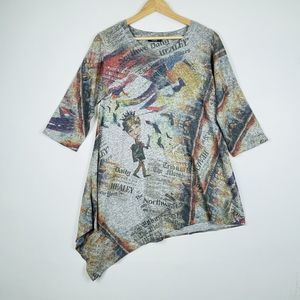 Inoah‎ Grey Wearable Art Newspaper Prince Print Top Shirt Sweater Womens Small